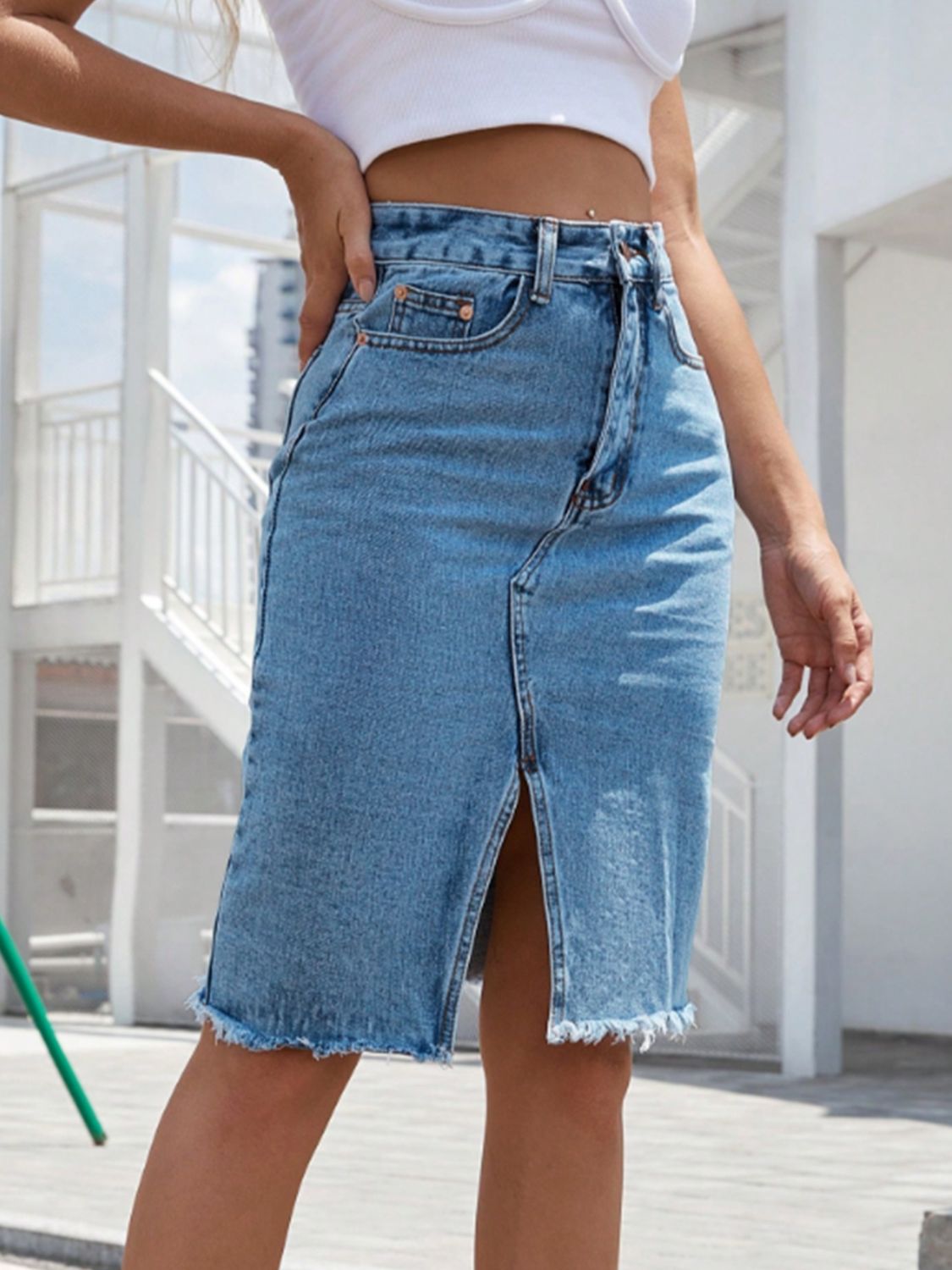 Raw Hem Slit Denim Skirt.