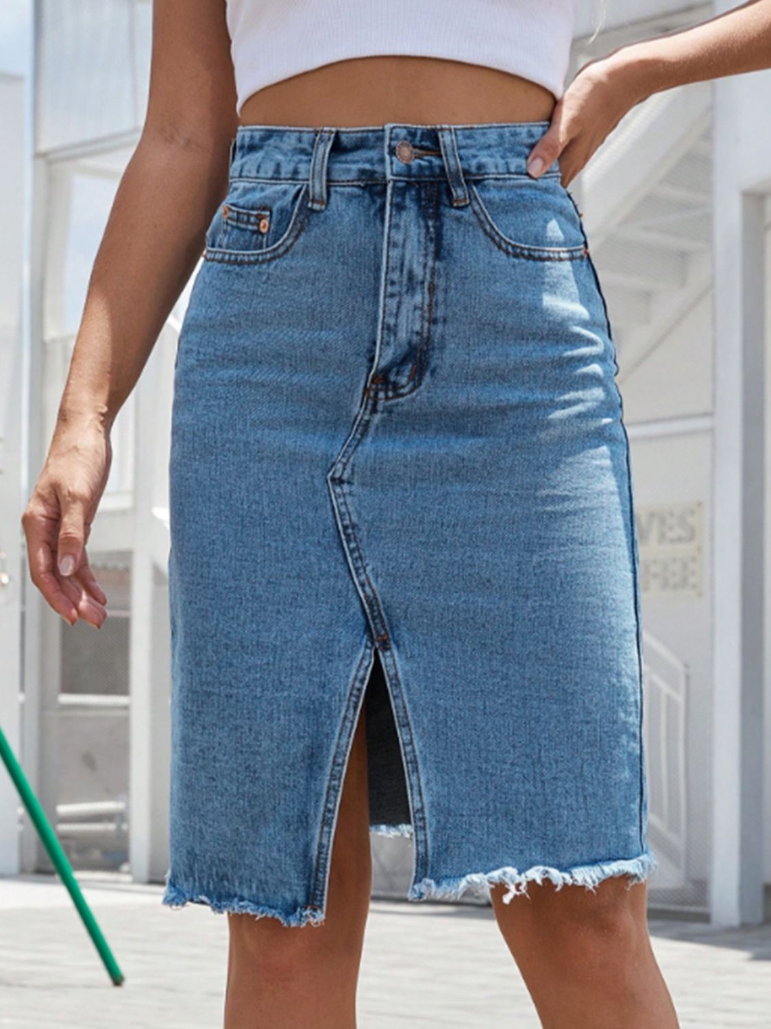 Raw Hem Slit Denim Skirt.