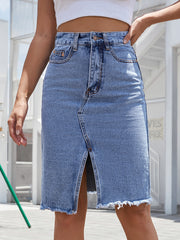 Raw Hem Slit Denim Skirt.