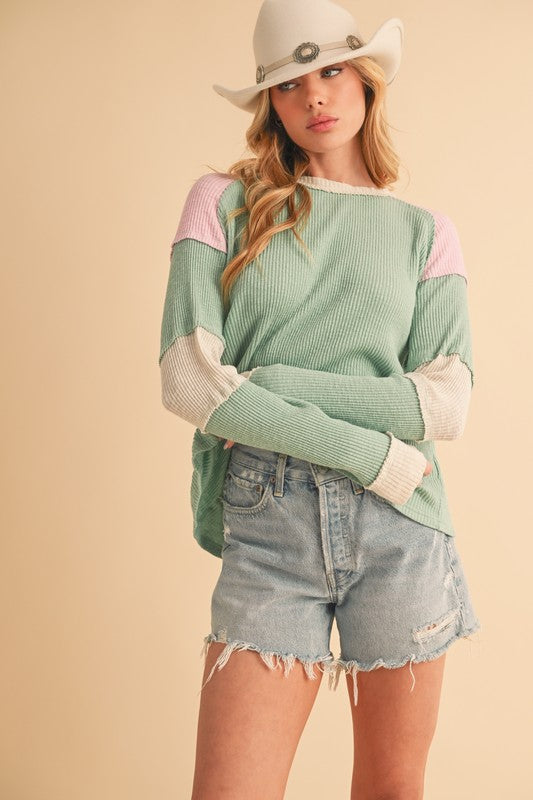 Aemi Co Raw Seam Color Block Round Neck Knit Top.