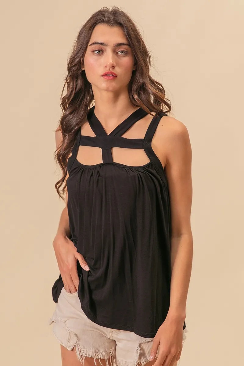 Rayon span jersey cut out top with straps and pockets, slightly stretchy.
