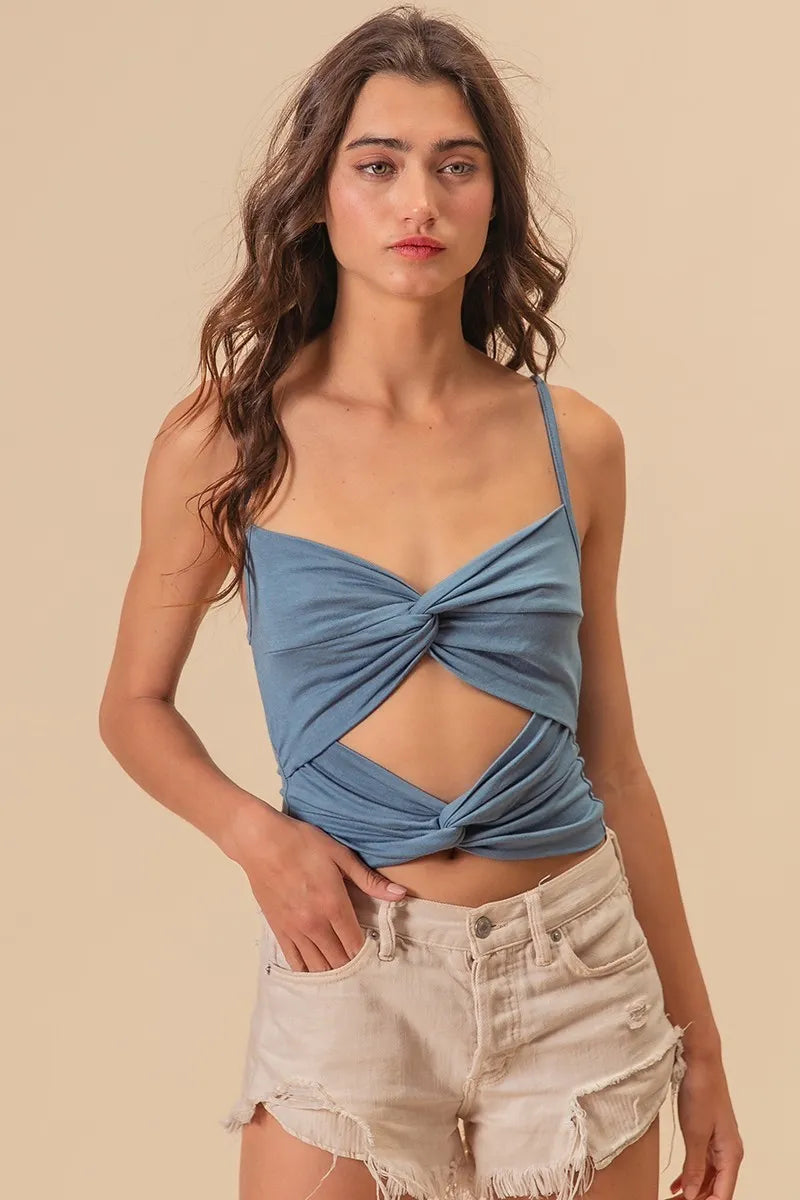Rayon span jersey knit double twist front cami top with cutout and twisted details.