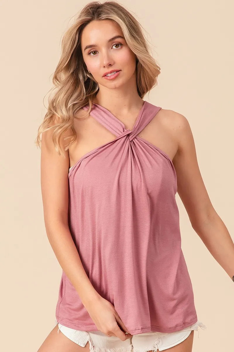 Rayon span jersey knit halter neck tank top with crisscross twisted design, slightly stretchy.