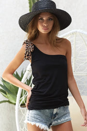 Rayon span knit one-shoulder top with leopard ribbon and asymmetrical design, slightly stretchy.
