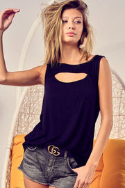 Rayon span knit sleeveless top with cut out front, slightly stretchy.