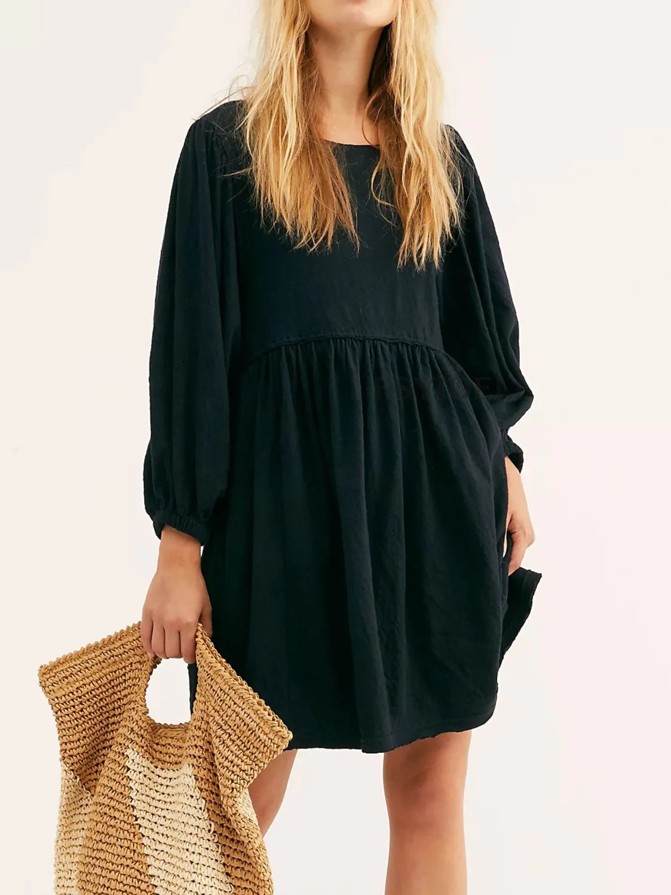 Relaxed Textured Babydoll Mini Dress with Back Keyhole Detail.
