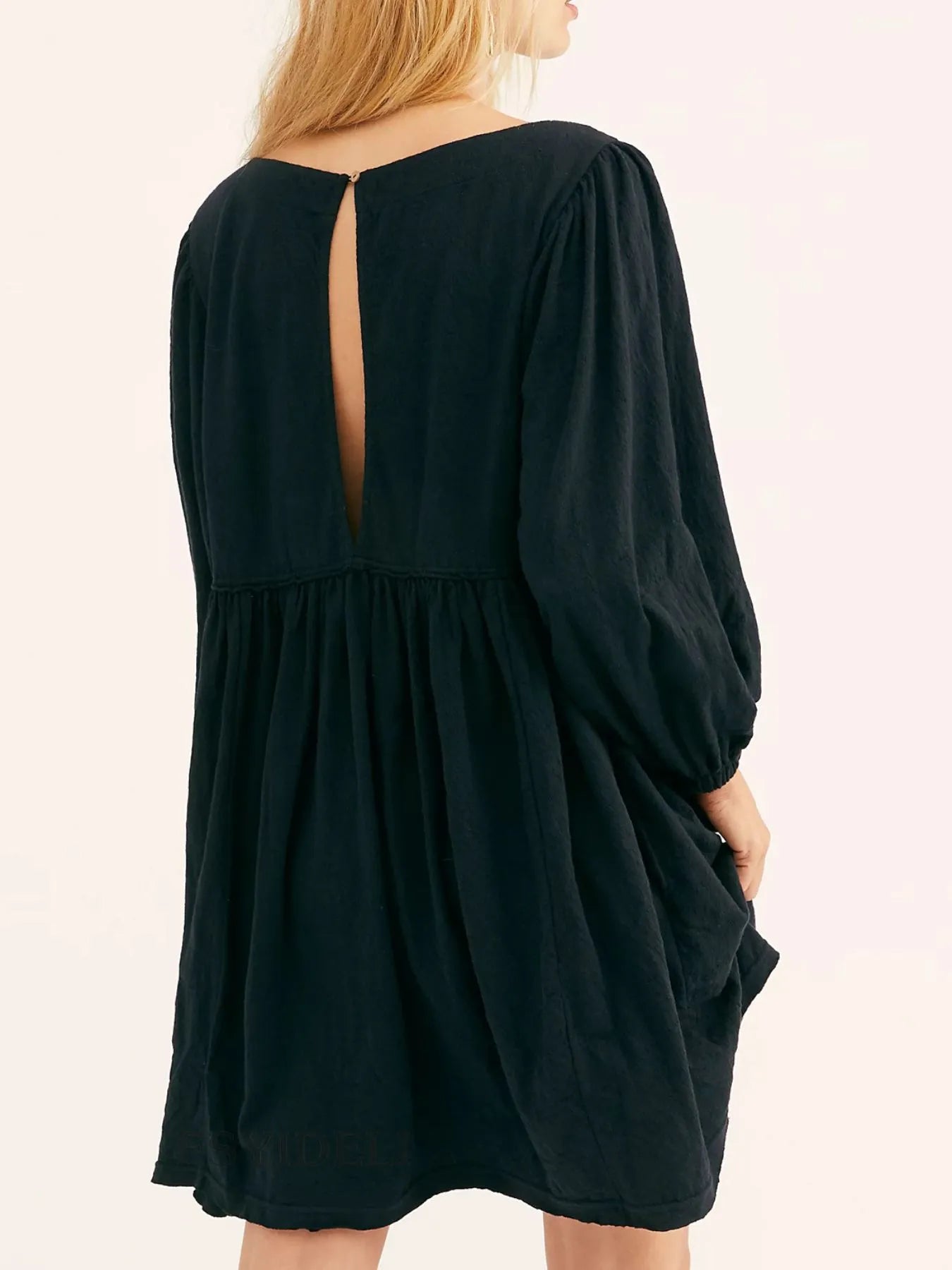 Relaxed Textured Babydoll Mini Dress with Back Keyhole Detail.