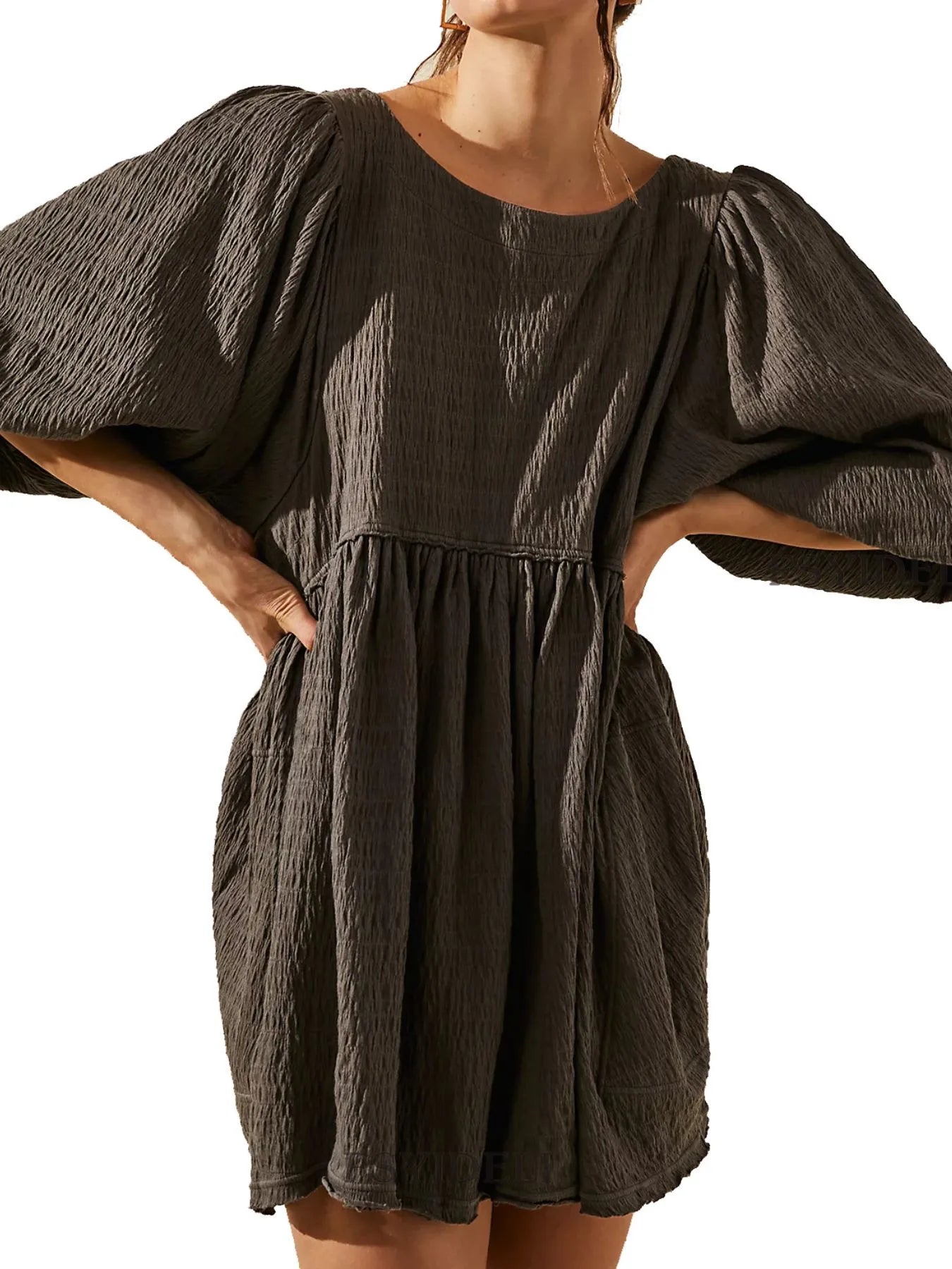Relaxed Textured Babydoll Mini Dress with Back Keyhole Detail.