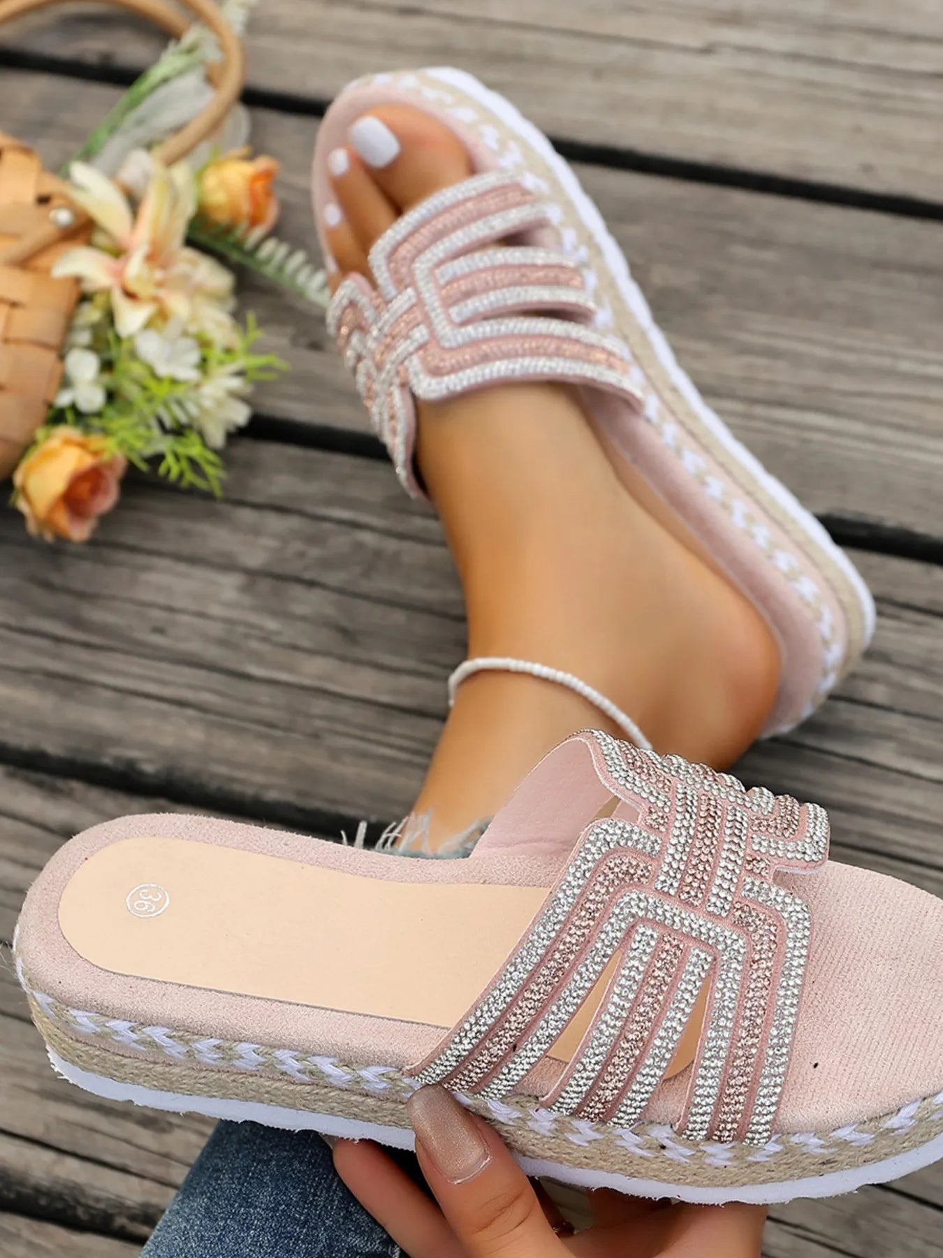 Rhinestone embellished flat platform espadrille sandals.