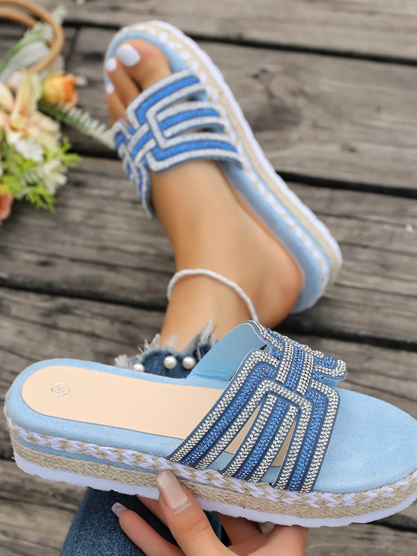 Rhinestone embellished flat platform espadrille sandals.