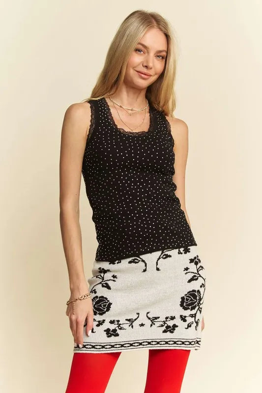 Rhinestone lace trim detail tank with basic style, slightly stretchy.