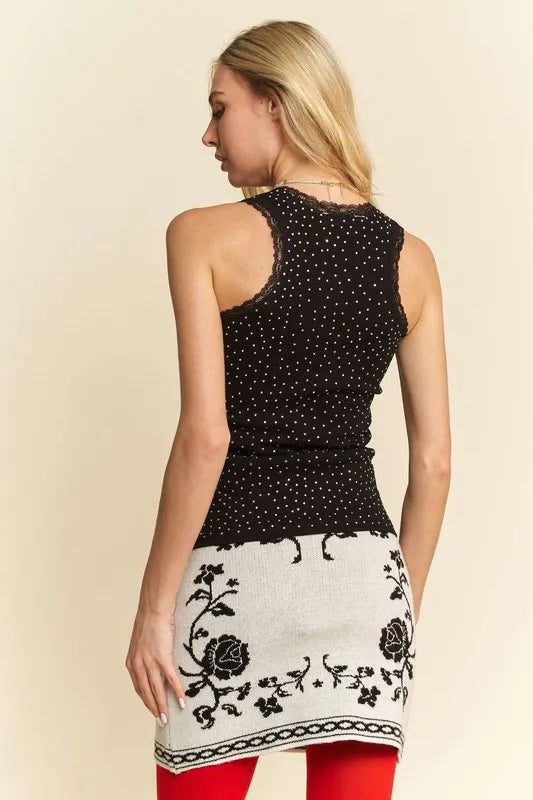 Rhinestone lace trim detail tank with basic style, slightly stretchy.