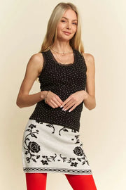 Rhinestone lace trim detail tank with basic style, slightly stretchy.