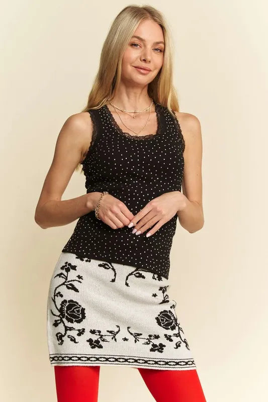Rhinestone lace trim detail tank with basic style, slightly stretchy.