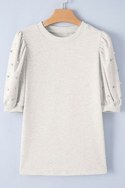 Rhinestone Pearl Detail Round Neck Puff Sleeve Top.