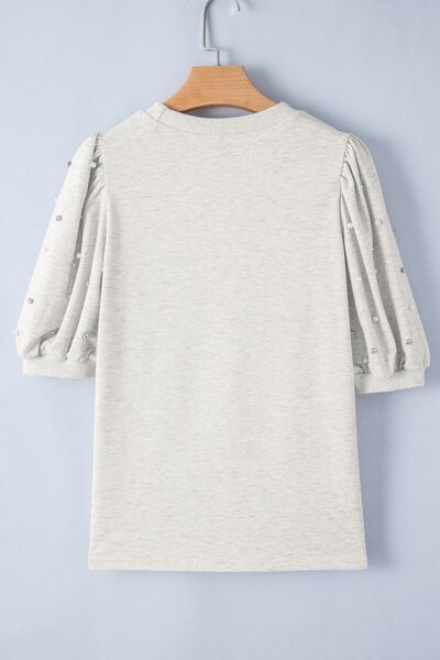 Rhinestone Pearl Detail Round Neck Puff Sleeve Top.