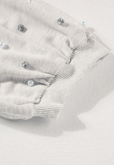 Rhinestone Pearl Detail Round Neck Puff Sleeve Top.