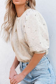Rhinestone Pearl Detail Round Neck Puff Sleeve Top.