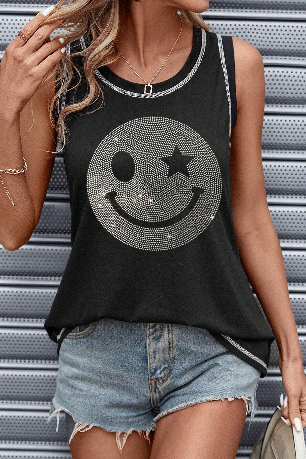 Rhinestone smile face round neck tank, opaque and slightly stretchy.
