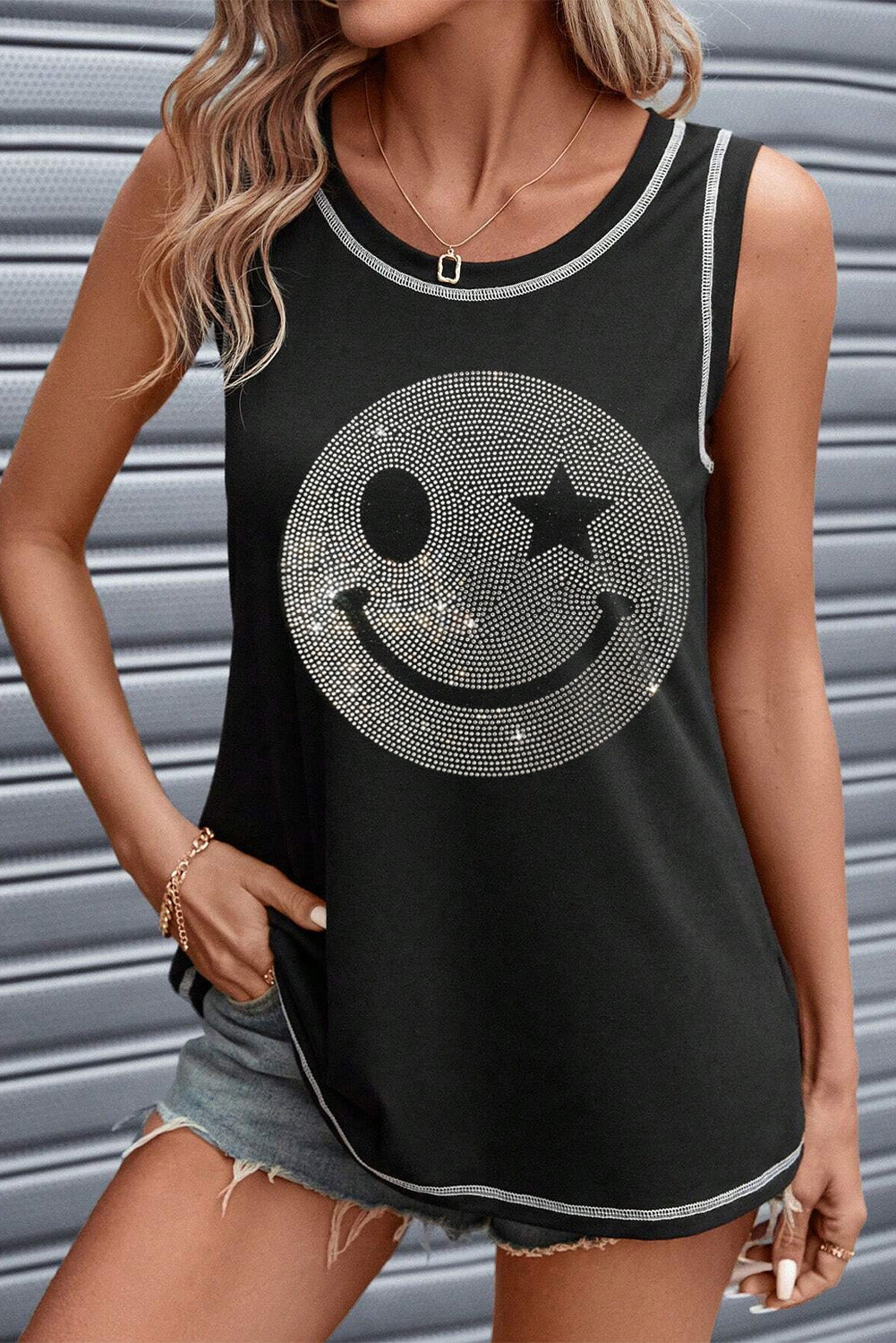 Rhinestone smile face round neck tank, opaque and slightly stretchy.