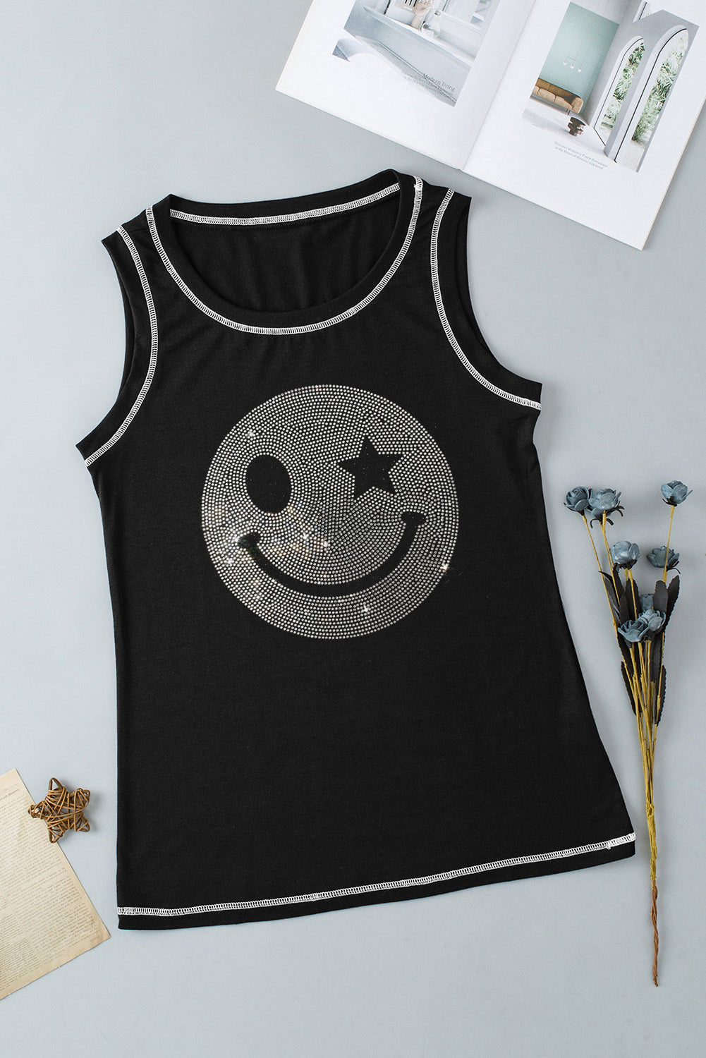 Rhinestone smile face round neck tank, opaque and slightly stretchy.