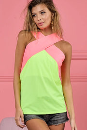 Rib knit color block top with neck banded cross design, slightly stretchy.