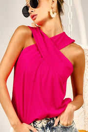Rib knit cross neck banded top, ribbed and moderately stretchy.