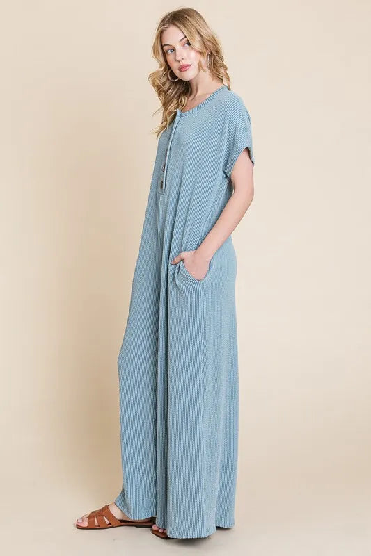 Rib Knit Jumpsuit with Button Detail and Pockets.