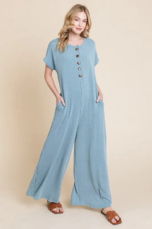 Rib Knit Jumpsuit with Button Detail and Pockets.