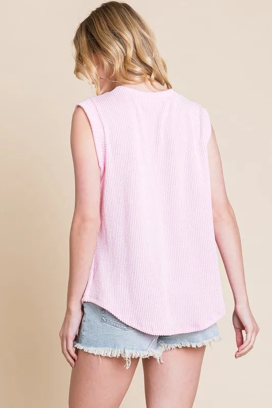 Rib knit V-neck tank, ribbed and slightly stretchy.