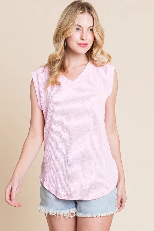 Rib knit V-neck tank, ribbed and slightly stretchy.