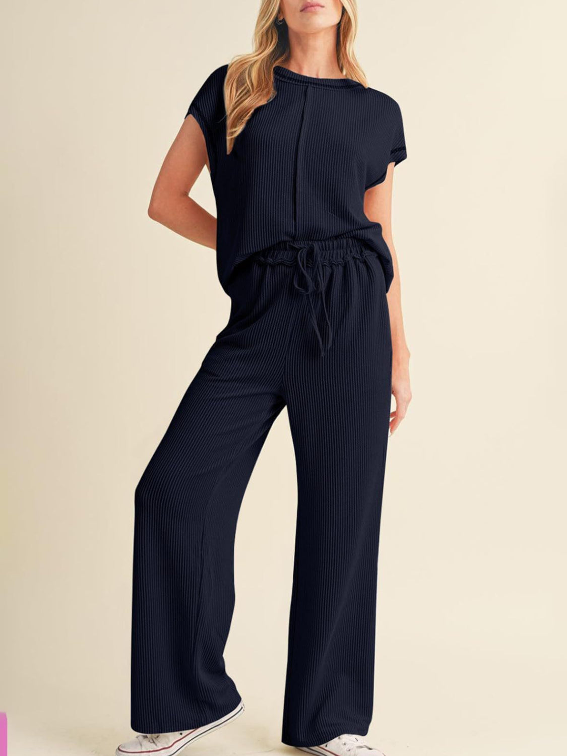 Ribbed Exposed Seam Top and Pants Set.
