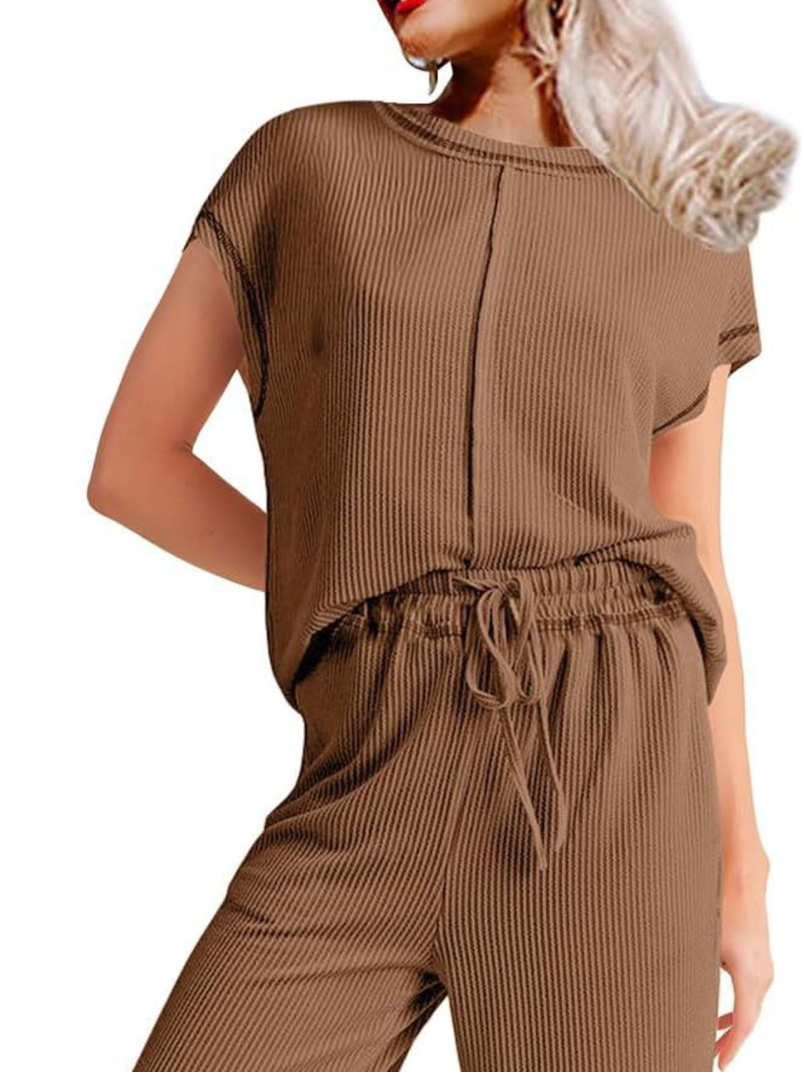 Ribbed Exposed Seam Top and Pants Set.