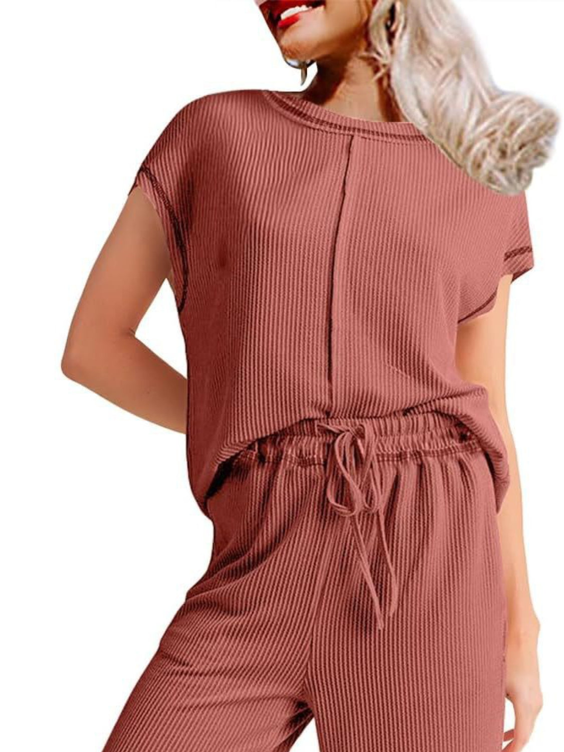 Ribbed Exposed Seam Top and Pants Set.