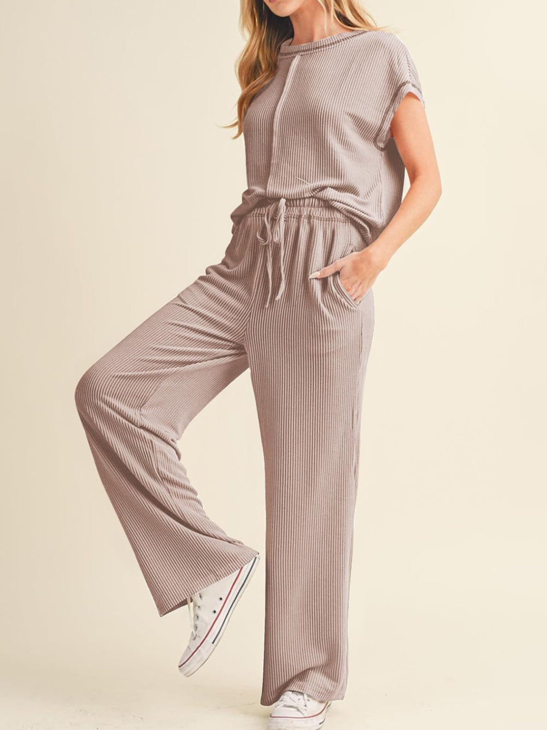 Ribbed Exposed Seam Top and Pants Set.