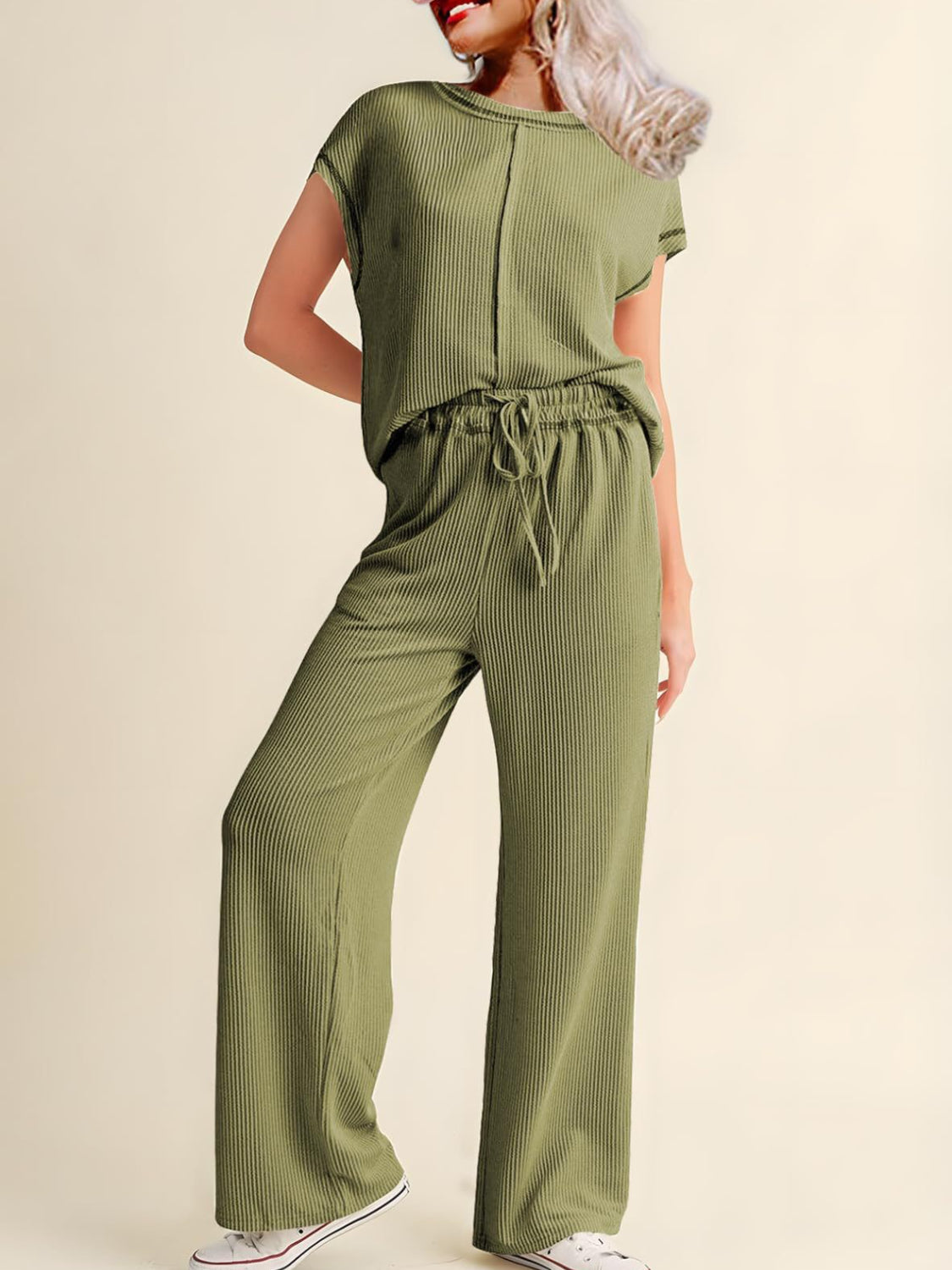 Ribbed Exposed Seam Top and Pants Set.