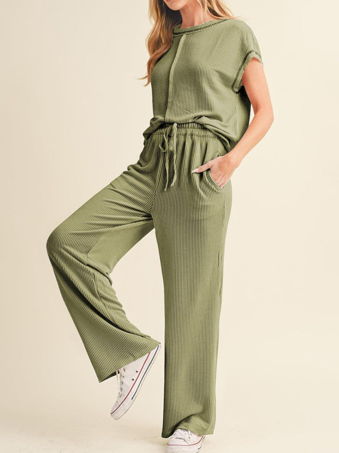 Ribbed Exposed Seam Top and Pants Set.
