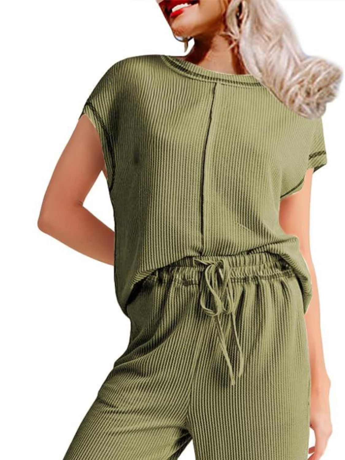 Ribbed Exposed Seam Top and Pants Set.