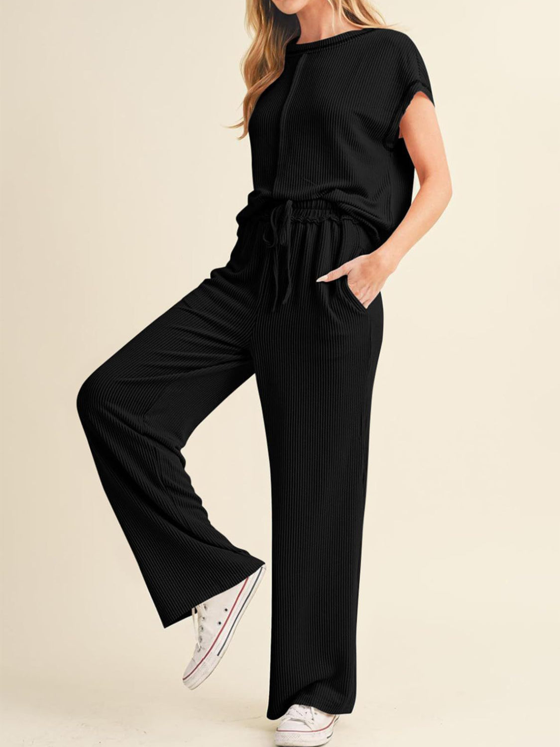 Ribbed Exposed Seam Top and Pants Set.