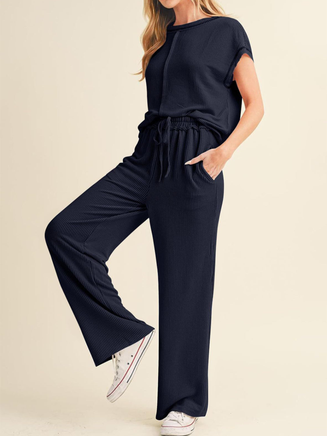 Ribbed Exposed Seam Top and Pants Set.