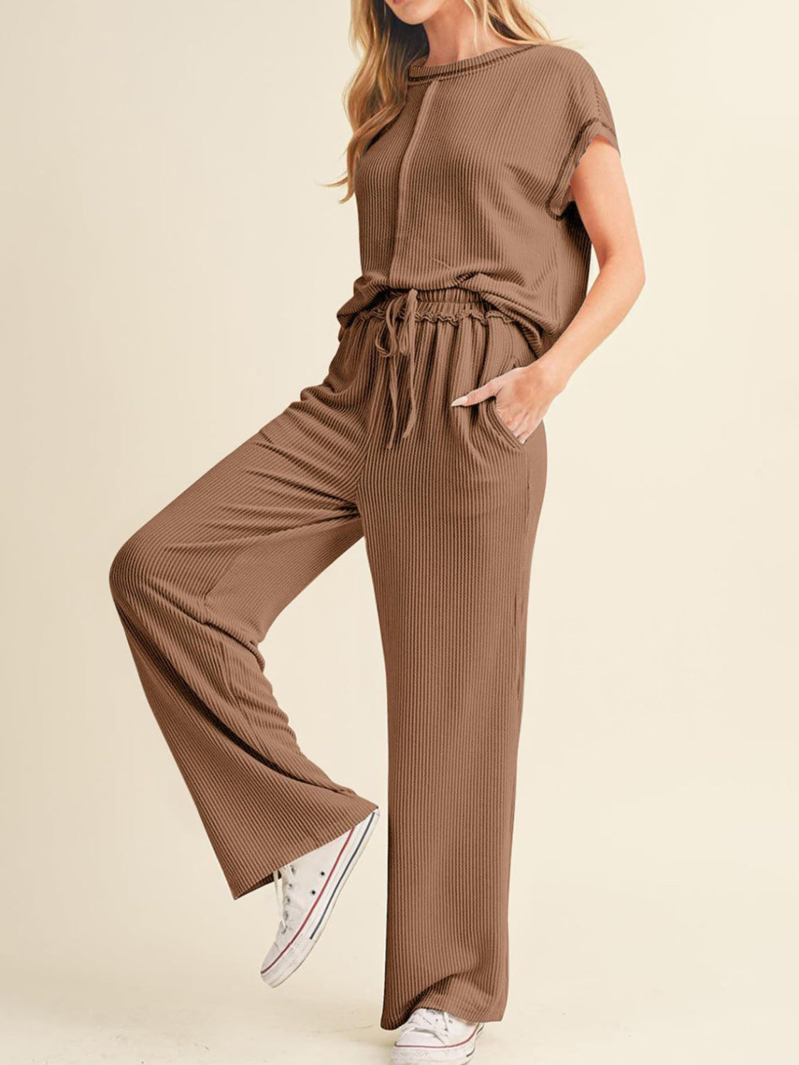 Ribbed Exposed Seam Top and Pants Set.