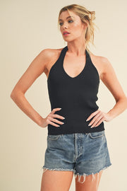 Ribbed halter neck cami, opaque and slightly stretchy.