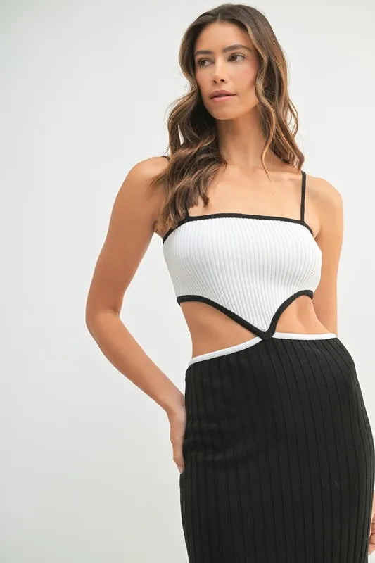 Mable Ribbed Knit Color Block Cutout Midi Dress.