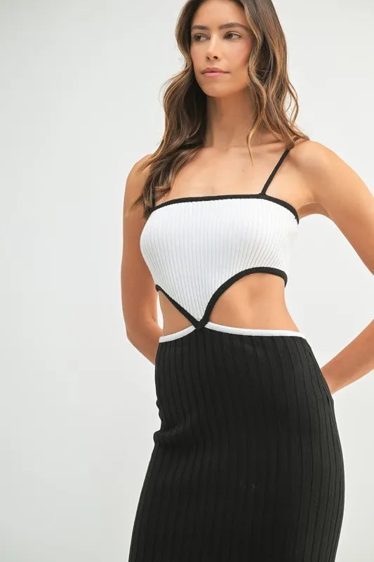 Mable Ribbed Knit Color Block Cutout Midi Dress.