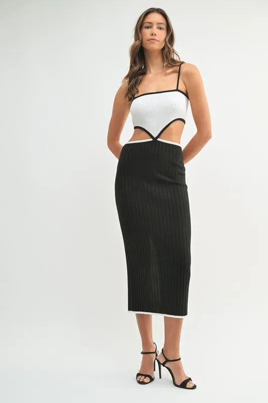 Mable Ribbed Knit Color Block Cutout Midi Dress.