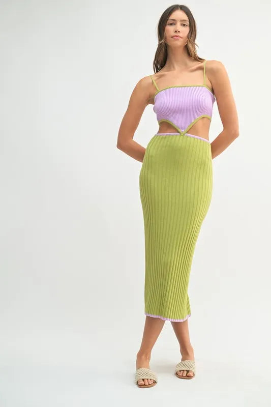 Mable Ribbed Knit Color Block Cutout Midi Dress.