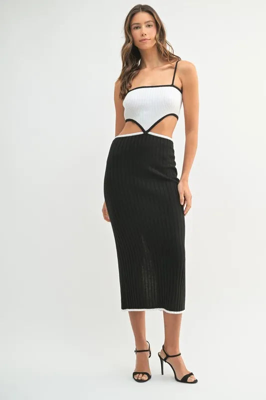 Mable Ribbed Knit Color Block Cutout Midi Dress.