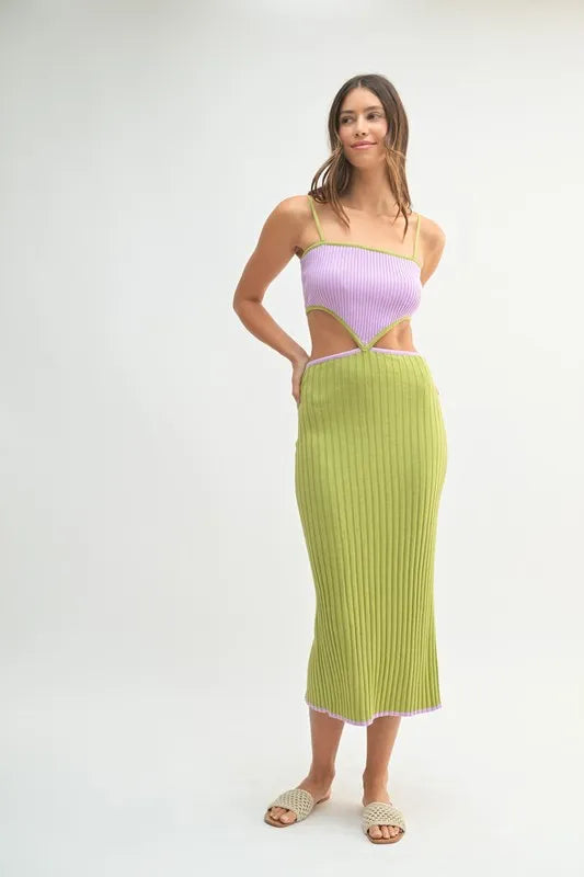 Mable Ribbed Knit Color Block Cutout Midi Dress.
