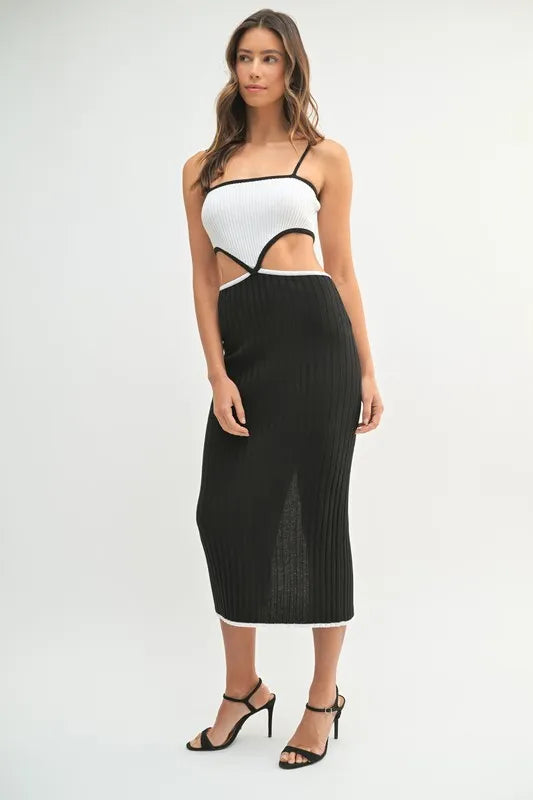 Mable Ribbed Knit Color Block Cutout Midi Dress.