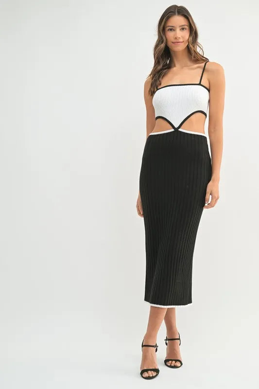 Mable Ribbed Knit Color Block Cutout Midi Dress.